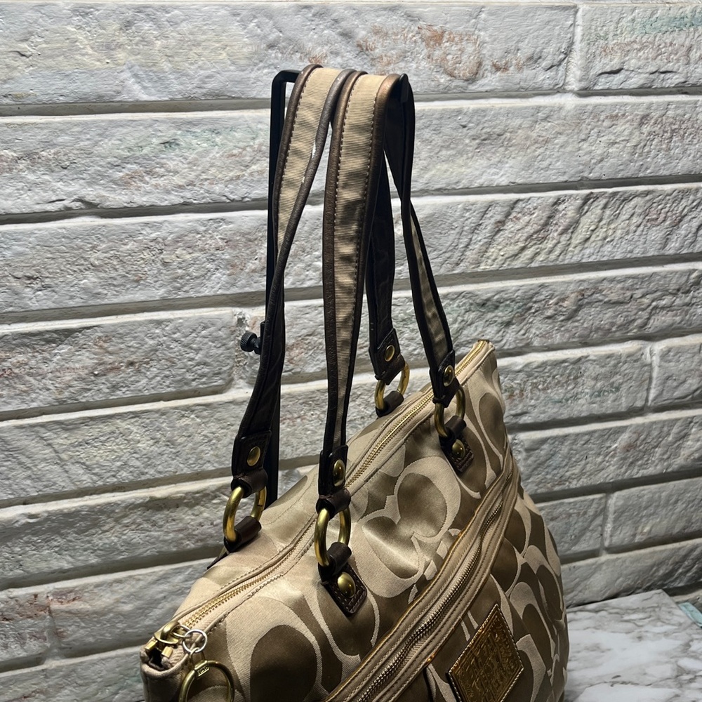 COACH GOLD BEIGE JACQUARD POPPY OP ART GLAM TOTE HANDBAG PURSE METALLIC - Picture 6 of 16